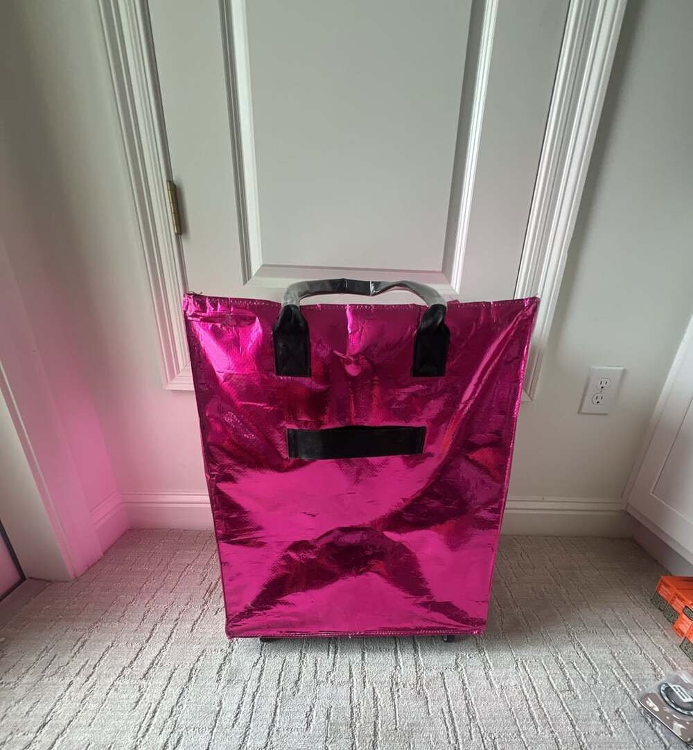 Zoey & Zuri Rolling Bag - Metallic Pink Collapsible Shopping Tote